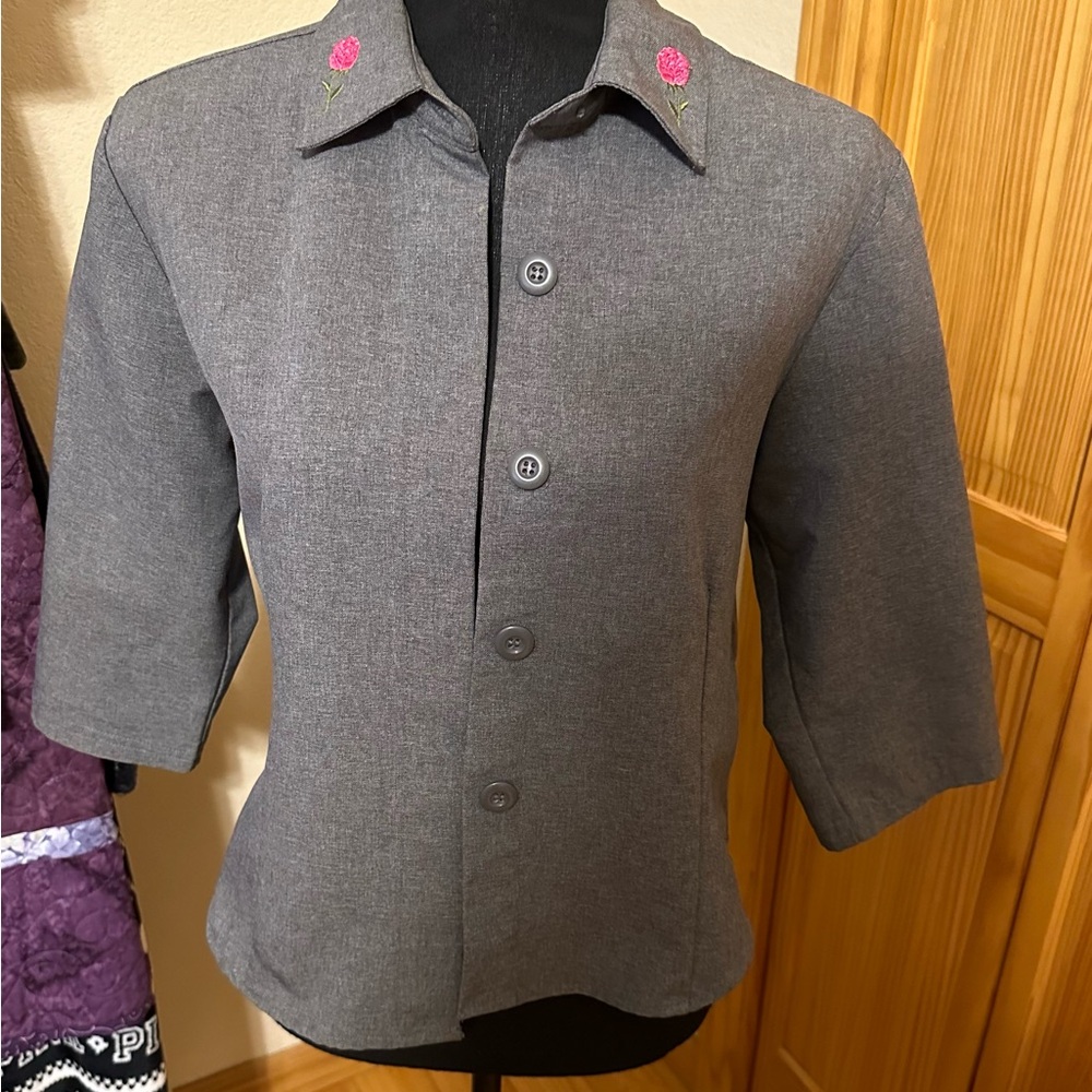 Gray Women's Jacket with Pink Floral Embroidery